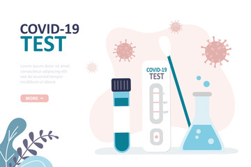 Nasal swab or blood test. Prevention of spread of coronavirus. Tubes with saliva and rapid test of covid-19. Medical tools - obrazy, fototapety, plakaty