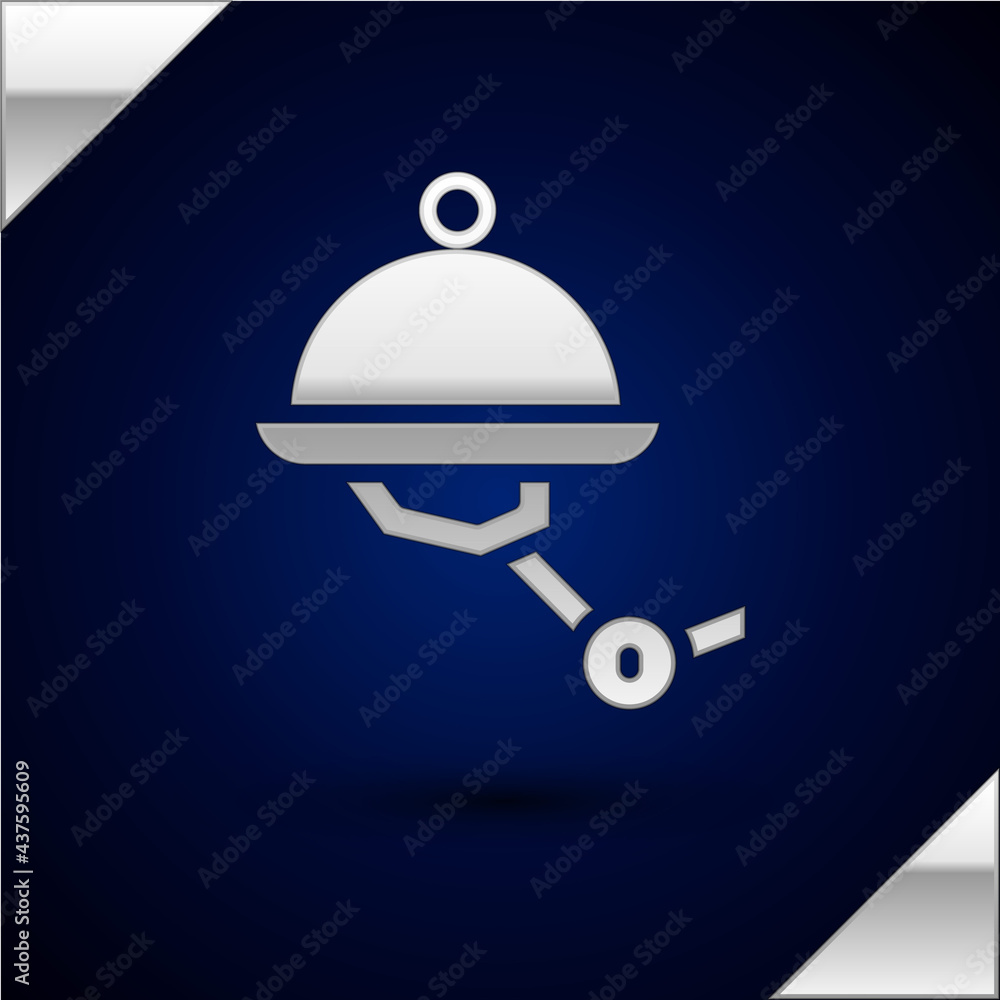 Poster silver waiter robot with covered plate icon isolated on dark blue background. artificial intelligenc