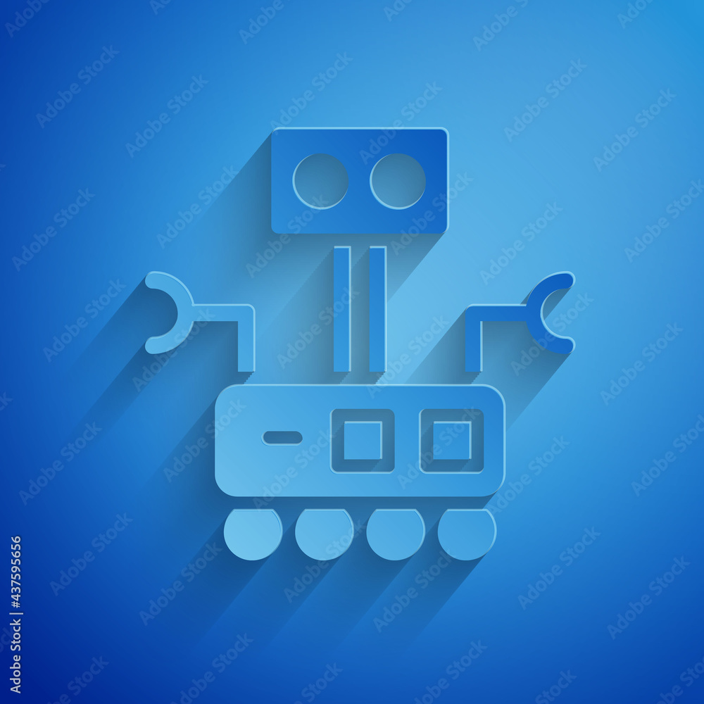 Poster paper cut robot icon isolated on blue background. artificial intelligence, machine learning, cloud c