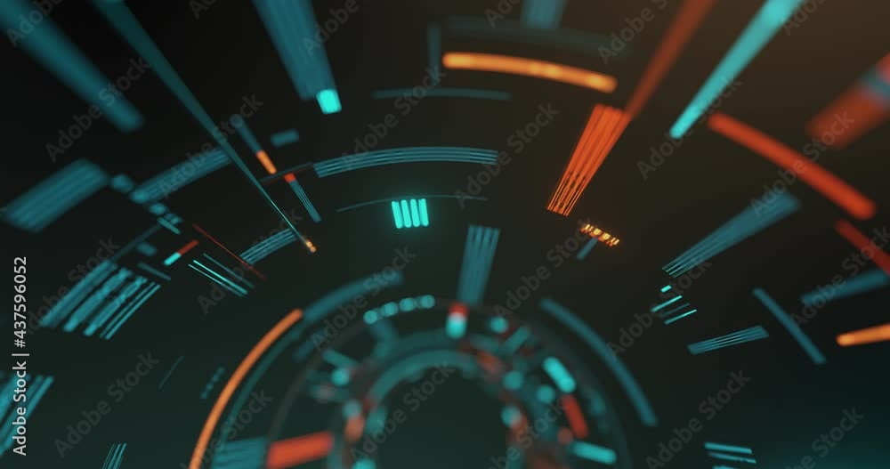 Poster high technology motion graphic background, circle elements with flickering dots and lines on black b