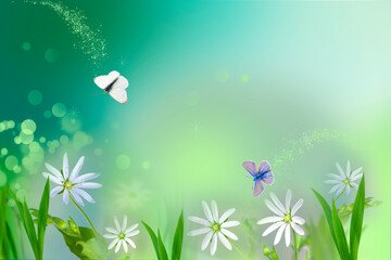White wildflowers on a blurry soft turquoise and green background. Early in the morning, a...