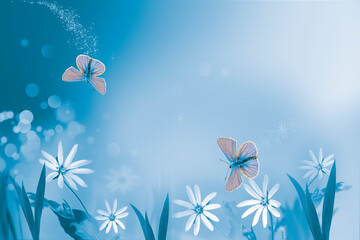 Fototapeta na wymiar White wildflowers on a blurry soft blue background. A butterfly flies over a beautiful flower.Spring green background, a magical composition with a copy of the space.