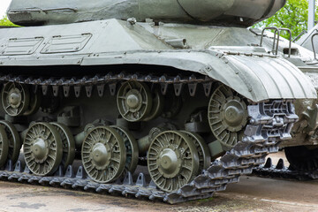 Armored hull and track with rollers of the Russian IS-2 tank from the WW2