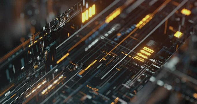 High tech technology geometric and connection system background with digital data abstract Circuit board. Motion of digital data flow. Dynamic wave. Big data visualization. 4K loop, 3D rendering
