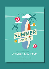 Summer time party poster design template with palms trees silhouettes, beach ball and pieces of citrus fruit. Perfect for invitation, flyer, poster. Modern style. Vector illustration