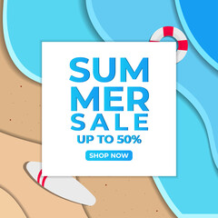 Summer sale banner with paper cut frame on blue sea and beach summer background with curve paper waves, float and surfing board  perfect for banner, flyer, poster or web site design. Paper cut style