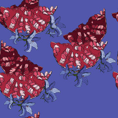 vector illustration seamless pattern two slices of pomegranate fruit,small blue flower  on a blue background