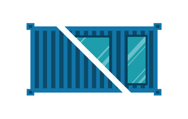 Depicts a metal marine container before and after processing, the creation of cozy modular homes, mobile home, container house on a white background