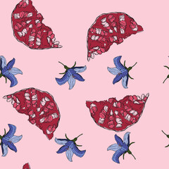 vector illustration seamless pattern,slice of red pomegranate,blue flowers on a pink background for wallpaper and fabric