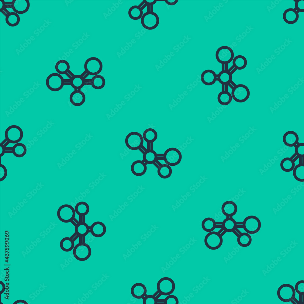 Poster blue line molecule icon isolated seamless pattern on green background. structure of molecules in che
