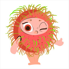 Rambutan. Fresh juicy cartoon character. Funny winking fruit. 
