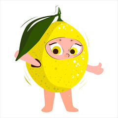 Lemon. Citrus. Fresh juicy yellow cartoon character. Funny cute lemon. 
