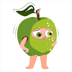 Apple. Green apple
 Fresh juicy green cartoon character-apple. Funny cute apple. 