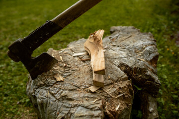 Close up view of vintage axe on wooden stump