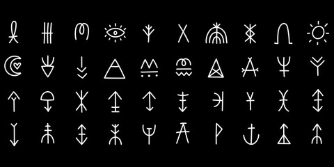 Hand drawn magical symbols with moon, sun and rainbow elements isolated on black background vector illustration.