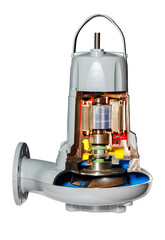 Motor casing of an electric submersible pump at an exhibition stand isolated on a white background.