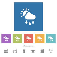 Sunny and rainy weather flat white icons in square backgrounds