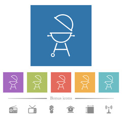 Barbecue grill with open cover flat white icons in square backgrounds