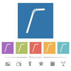 Single drinking straw flat white icons in square backgrounds