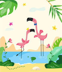 Flamingo date. Vector cartoon illustration.