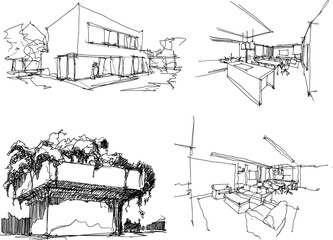 four hand drawn architectectural sketches of a modern architecture and interiors