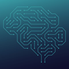 Vector illustration of a brain in the form of a computer microcircuit, a chip. Concept, artificial intelligence, high technologies of the future. Design template for banner, icon and website.