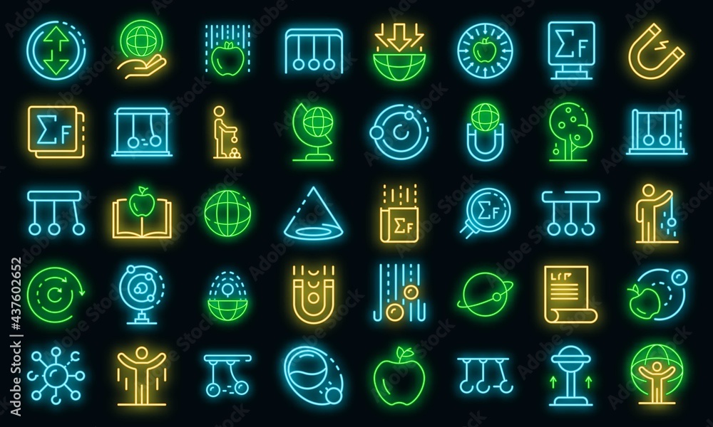 Aufkleber newtons day icons set. outline set of newtons day vector icons neon color on black