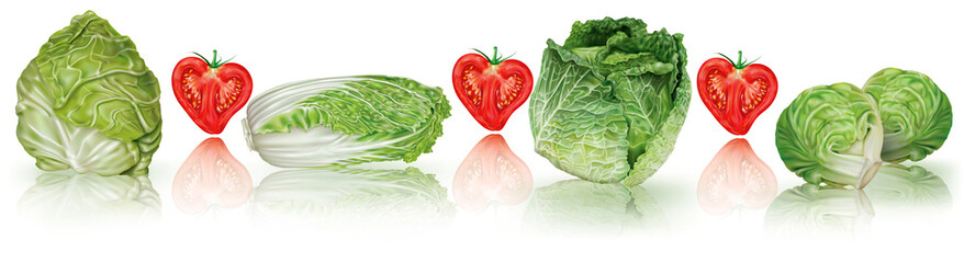 Horizontal composition of green cabbages and heart shaped tomatoes