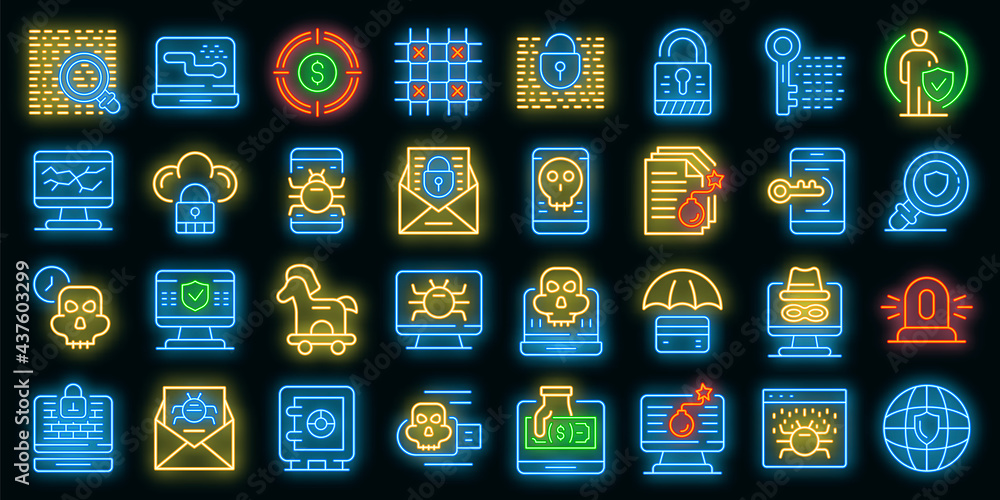 Poster fraud icons set. outline set of fraud vector icons neon color on black