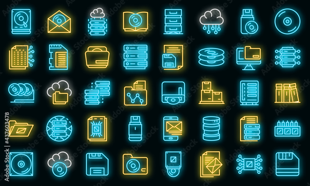 Sticker Storage icons set. Outline set of storage vector icons neon color on black - Stickers
