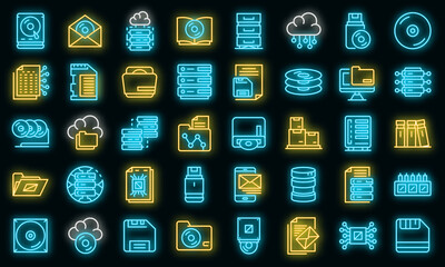 Storage icons set. Outline set of storage vector icons neon color on black