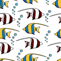 Seamless pattern of Moorish Idol fish. Colorful fish pattern. Vector illustration. Marine life, underwater world, modern design for wrapping textile print for fabric