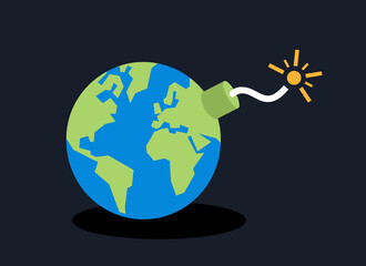 Naklejka premium Planet earth as time bomb. Global catastrophe and disaster, destruction of the world. Globe and danger, peril and jeopardy. Vector illustration.