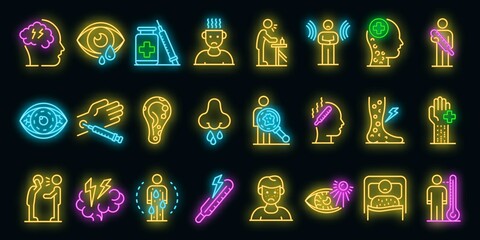Measles icons set. Outline set of measles vector icons neon color on black - obrazy, fototapety, plakaty