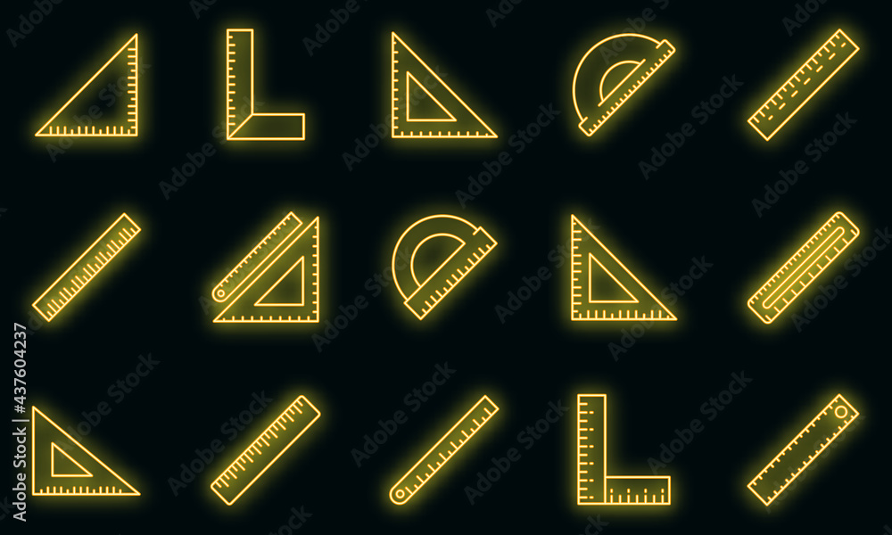 Poster ruler icons set. outline set of ruler vector icons neon color on black