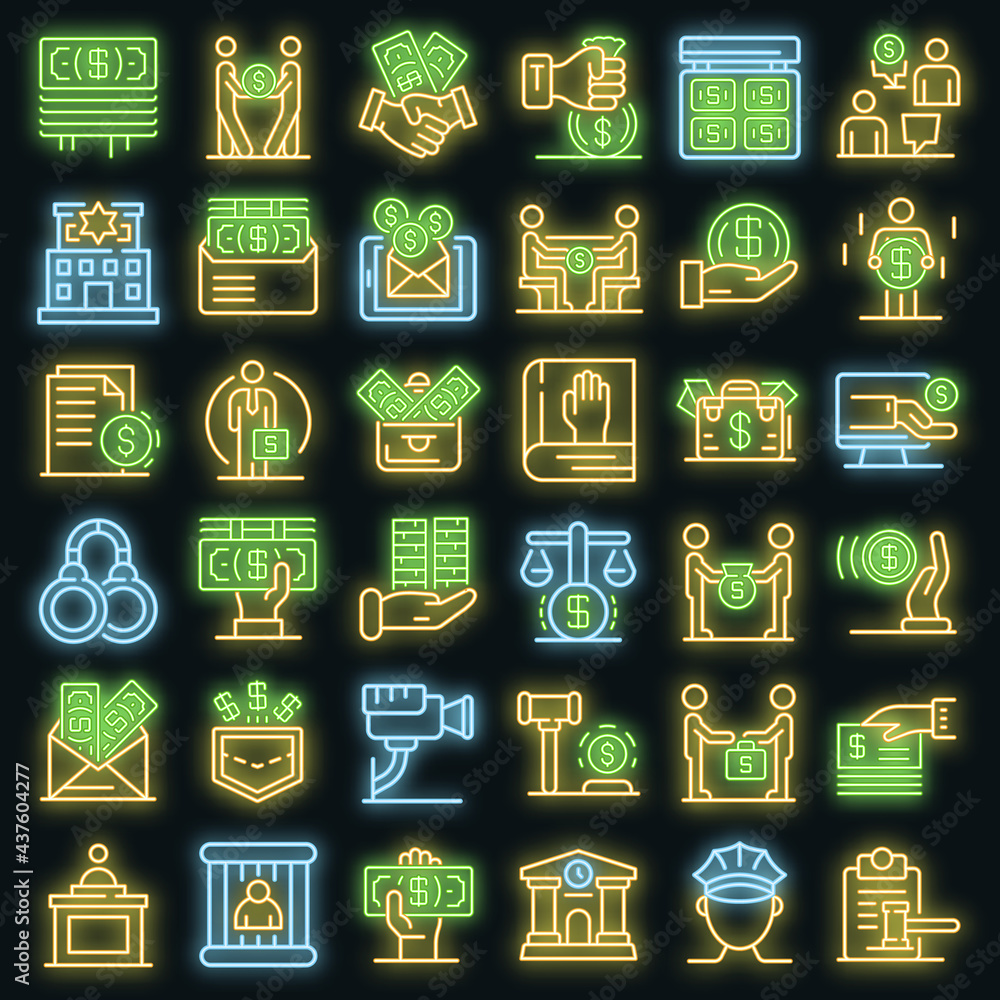 Poster bribery icons set. outline set of bribery vector icons neon color on black