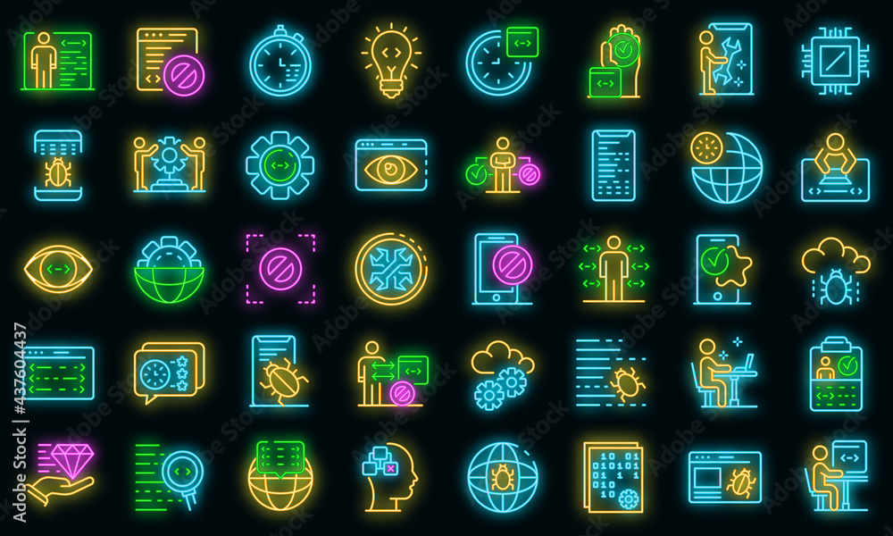 Poster testing software icons set. outline set of testing software vector icons neon color on black
