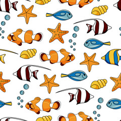 Seamless fish pattern of Ocellaris Clownfish, Paracanthurus Hepatus, Moorish Idol. Colorful fish pattern. Vector illustration.