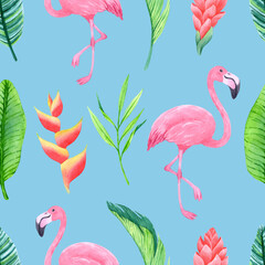 Seamless pattern with hand-drawn flamingo and blossom tropical plants.