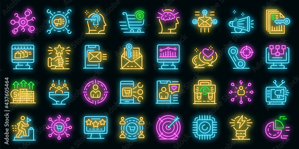 Poster marketer icons set. outline set of marketer vector icons neon color on black