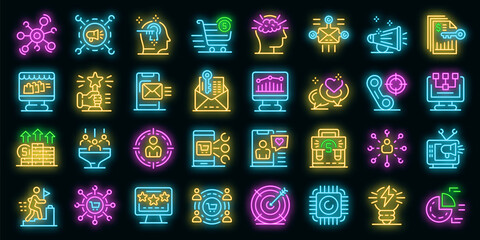 Marketer icons set. Outline set of marketer vector icons neon color on black © ylivdesign
