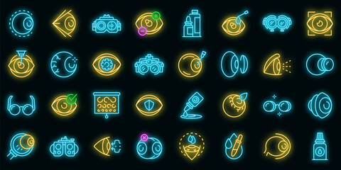 Optician icons set. Outline set of optician vector icons neon color on black