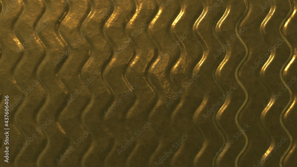 Fototapete gold glossy metallic abstract background with convex waves. screensaver for pc or smartphone 3d rend