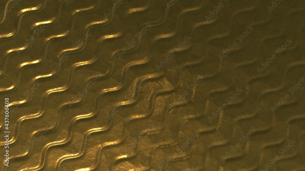 Fototapete gold glossy metallic abstract background with convex waves. screensaver for pc or smartphone 3d rend