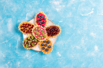 Homemade desserts with blueberries,kiwi slices and pomegranate seeds.