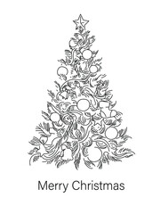 Vector image of a linearly drawn Christmas tree