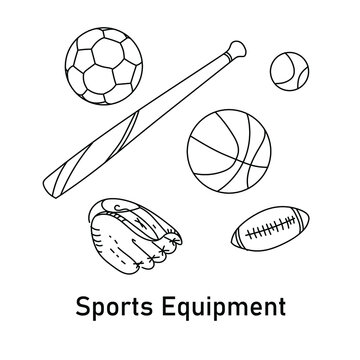 Vector image of linearly draw sports balls and baseball bat