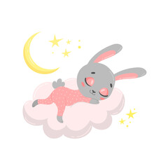 Illustration of a cute cartoon bunny sleeping on a cloud. Baby animals are sleeping.