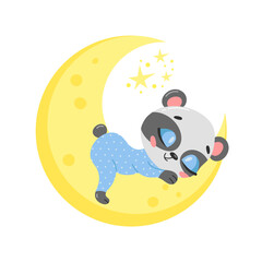 Illustration of a cute cartoon panda sleeping on the moon. Baby animals are sleeping.