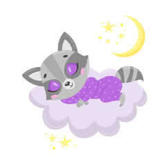 Illustration of a cute cartoon raccoon sleeping on a cloud. Baby animals are sleeping.